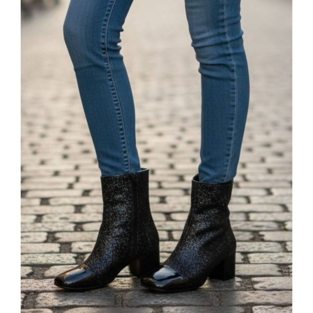 Black Glitter Ankle Boots Square Toe Block Heel Evening Party Sparkle Size 8M‎